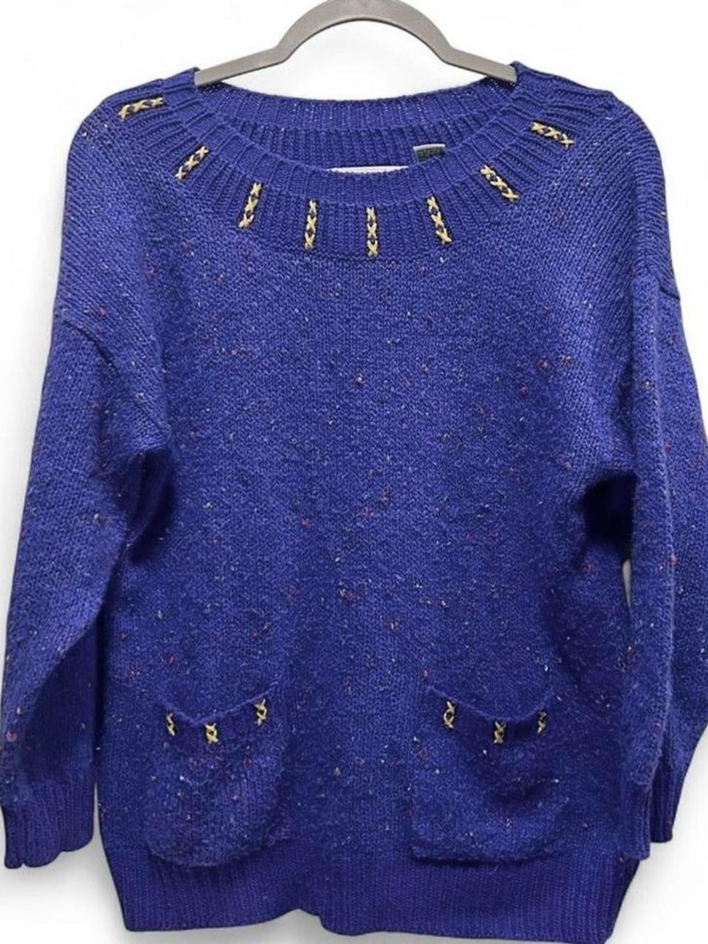 Vintage purple tweed knit crewneck sweater with yellow stitch accents